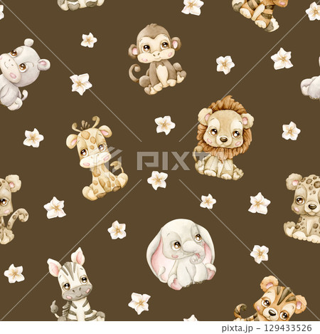 Cute Tropical Safari Jungle Animals and Flowers Watercolor hand painted summer pastel neutral seamless pattern on brown background for cute nursery kids baby cloth textile fabric wrapping paper Cute Tropical Safari Jungle Animals and Flowers Watercolor hand painted summer pastel neutral seamless pattern on brown background for cute nursery kids baby cloth textile fabric wrapping paper 129433526