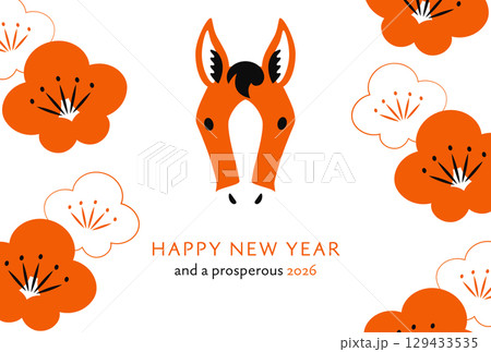 2026午年　馬と梅の花のおしゃれな年賀状　白背景 129433535