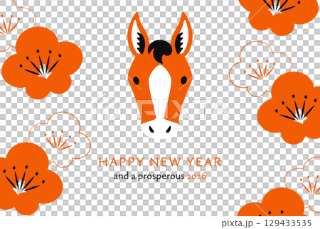 2026午年　馬と梅の花のおしゃれな年賀状　白背景 129433535