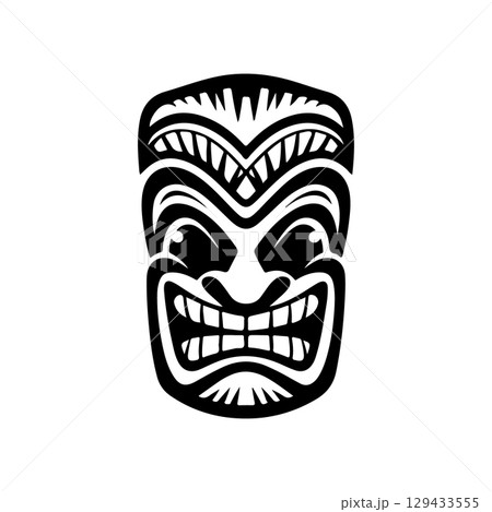 Tiki totem mask, Hawaiian indigenous vintage ritual mack.  Hawaiian totems made wood and stone for bars and resorts for paradise holidays. Vector illustration 129433555