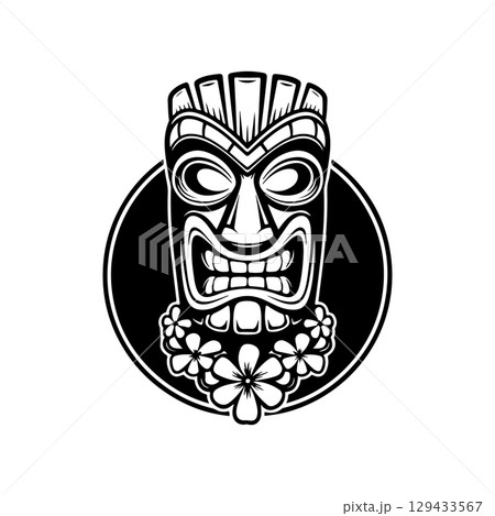 Tiki totem mask, Hawaiian indigenous vintage ritual mack.  Hawaiian totems made wood and stone for bars and resorts for paradise holidays. Vector illustration Tiki totem mask, Hawaiian indigenous vintage ritual mack.  Hawaiian totems made wood and stone for bars and resorts for paradise holidays. Vector illustration 129433567