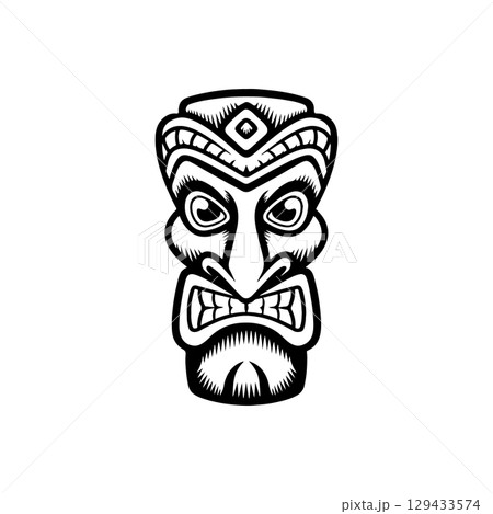 Tiki totem mask, Hawaiian indigenous vintage ritual mack. Hawaiian totems made wood and stone for bars and resorts for paradise holidays. Vector illustration Tiki totem mask, Hawaiian indigenous vintage ritual mack. Hawaiian totems made wood and stone for bars and resorts for paradise holidays. Vector illustration 129433574