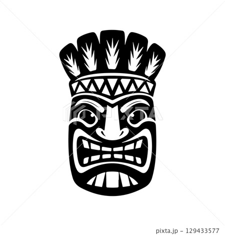 Tiki totem mask, Hawaiian indigenous vintage ritual mack.  Hawaiian totems made wood and stone for bars and resorts for paradise holidays. Vector illustration 129433577