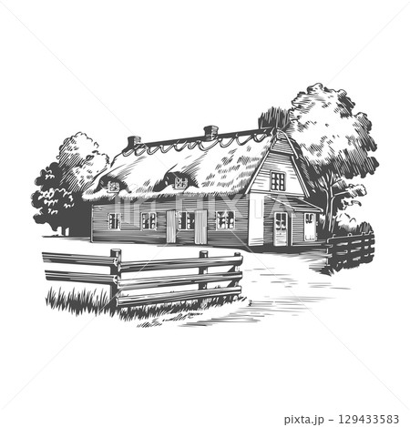Retro engraving illustration of house in the village. Vector illustration 129433583