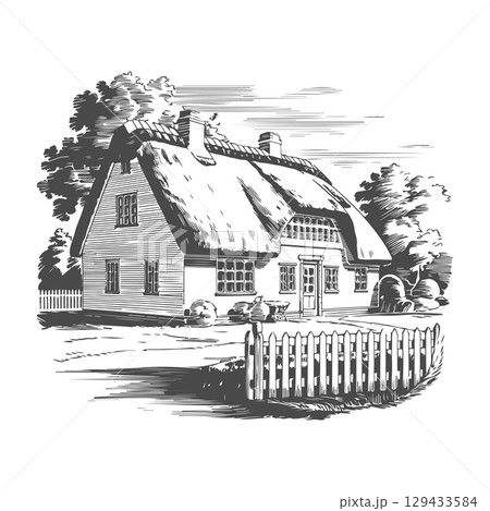 Retro engraving illustration of house in the village. Vector illustration 129433584
