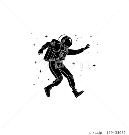 Illustration of an spaceman. Spaceman figure flying in space. Design element for emblem, sign, poster, label. Illustration of an spaceman. Spaceman figure flying in space. Design element for emblem, sign, poster, label. 129433685