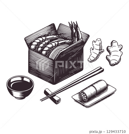 Vintage engraving illustration of sushi. Healthy breakfast with sushi, ramen, shrimps. Vector illustration Vintage engraving illustration of sushi. Healthy breakfast with sushi, ramen, shrimps. Vector illustration 129433710
