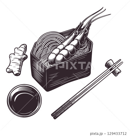 Vintage engraving illustration of sushi. Healthy breakfast with sushi, ramen, shrimps. Vector illustration 129433712