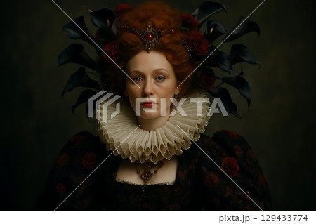 Elizabethan Lady of the Court in Ornate Ruff and Jewel-Adorned Wig 129433774