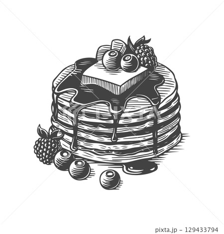 Vintage engraving illustration of pancakes with syrup, butter, berries, honey. Healthy breakfast with pancakes. Vector illustration 129433794