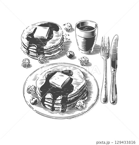 Vintage engraving illustration of pancakes with syrup, butter, berries, honey. Healthy breakfast with pancakes. Vector illustration Vintage engraving illustration of pancakes with syrup, butter, berries, honey. Healthy breakfast with pancakes. Vector illustration 129433816