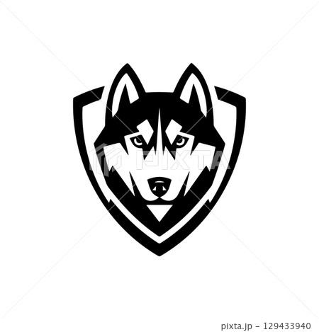 Husky head illustration isolated on white background. Emblem template with Husky dog. Design element for emblem, sign, poster, label. Husky head illustration isolated on white background. Emblem template with Husky dog. Design element for emblem, sign, poster, label. 129433940