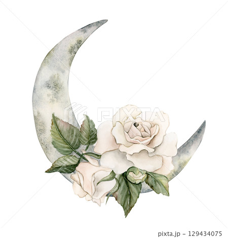 White roses with buds leaves and crescent moon Flower arrangement Watercolor hand painted floral isolated illustration for wedding design home textile fabric porcelain crockery card label logo. White roses with buds leaves and crescent moon Flower arrangement Watercolor hand painted floral isolated illustration for wedding design home textile fabric porcelain crockery card label logo. 129434075