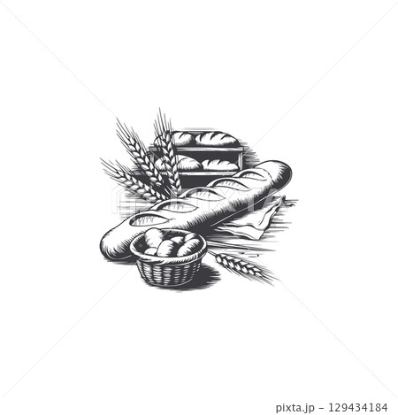 Engraving illustration of baguette and ears of wheat. Vintage bread illustration for bakery. Vector illustration Engraving illustration of baguette and ears of wheat. Vintage bread illustration for bakery. Vector illustration 129434184