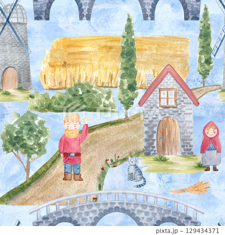 Charming cottages, bearded man, girl in red hood, stone bridges, windmills, wheat fields, trees, and cat. Seamless watercolor village pattern. Ideal for kids fabrics, wrapping paper, storybook 129434371