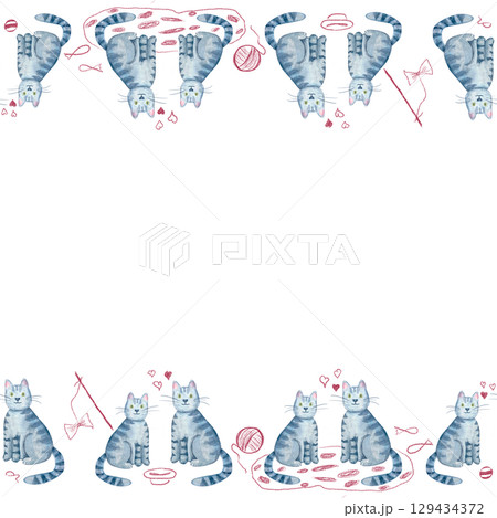 Blue striped cats with hearts, yarn, bowls, toys. Playful hand-painted watercolor border isolated on white. Ideal for Valentines cards, pet-themed designs, and children products in a cozy sketch style 129434372