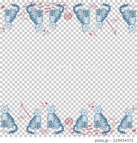 Blue striped cats with hearts, yarn, bowls, toys. Playful hand-painted watercolor border isolated on white. Ideal for Valentines cards, pet-themed designs, and children products in a cozy sketch style 129434372