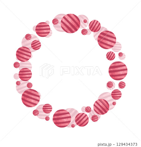 Playful circular frame made of watercolor striped balls in red tones. Perfect for decorative layouts, baby shower invitations, greeting cards, scrapbook designs, and minimalist graphic compositions 129434373