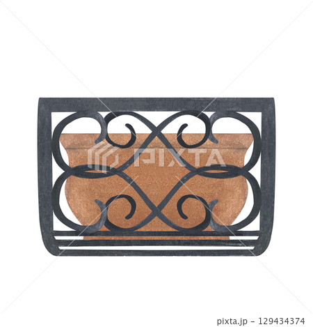 Decorative flower pot in black wrought iron wall holder isolated on white. Hand-painted watercolor element perfect for European street scenes, house exteriors, window decorations, gardening 129434374