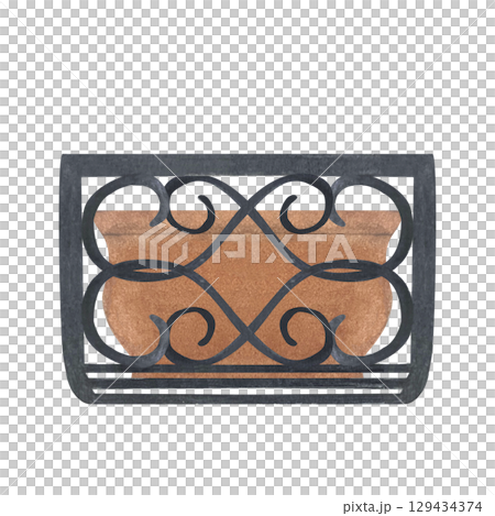 Decorative flower pot in black wrought iron wall holder isolated on white. Hand-painted watercolor element perfect for European street scenes, house exteriors, window decorations, gardening 129434374
