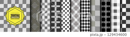 Collection of vector black and white seamless geometric fabric patterns. Simple monochrome cloth material striped textures - repeatable backgrounds. Monochrome unusual design, trendy textile prints 129434600
