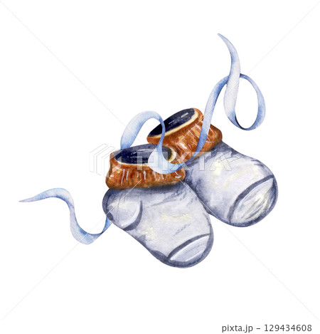 Baby socks with blue ribbons watercolor illustration 129434608