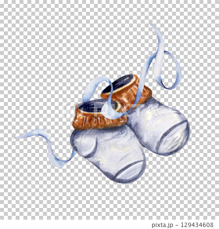 Baby socks with blue ribbons watercolor illustration 129434608