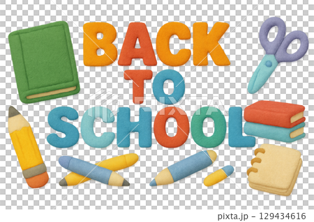 Back to school concept with colorful stationery and letters, isolated on transparent 129434616