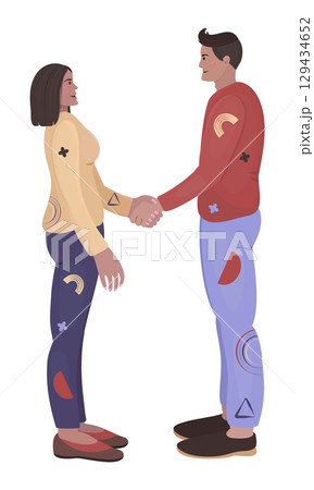 Woman and man handshake, flat characters, trendy disproportionate people in clothes with memphis style elements, vector color illustration 129434652