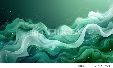 緑と白の流れるような抽象的な波模様背景 129434704