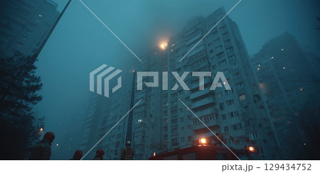 Fire brigade crew battles blaze in multi story building during nighttime operation 129434752