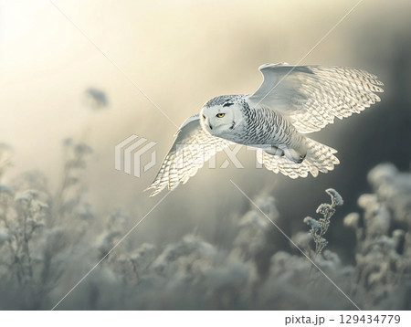 A magnificent snowy owl glides through a snowstorm, its powerful wings spread wide. Its piercing yellow eyes stare ahead. 129434779