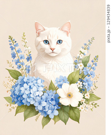 青い花に囲まれた白い猫 青い花に囲まれた白い猫 129434839
