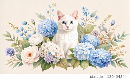 青い花に囲まれた白い猫 129434844