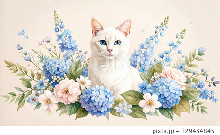 青い花に囲まれた白い猫 129434845