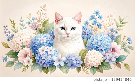青い花に囲まれた白い猫 129434846