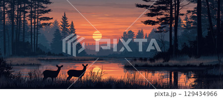 Serene meadow sunset with deer silhouettes grazing near reflective lake, surrounded by trees and peaceful atmosphere 129434966
