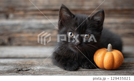 Cute black kitten with bright eyes sits next to small orange pumpkin on rustic wooden surface, evoking Halloween vibe 129435021