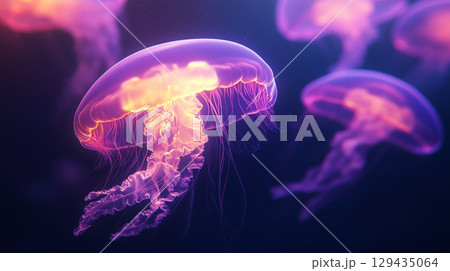 A group of luminous jellyfish with glowing orange and purple bells and long, flowing tentacles drift gracefully in dark, mysterious water. A group of luminous jellyfish with glowing orange and purple bells and long, flowing tentacles drift gracefully in dark, mysterious water. 129435064