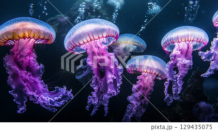 A group of luminous jellyfish with glowing orange and purple bells and long, flowing tentacles drift gracefully in dark, mysterious water. 129435075