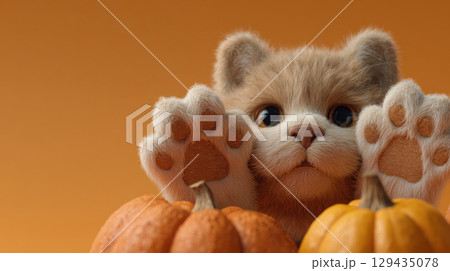 Cute kitten with fluffy fur peeks over pumpkins, creating playful Halloween scene with orange background 129435078