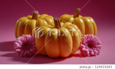 Pumpkins and pink flowers on pink background create festive Halloween aesthetic 129435083