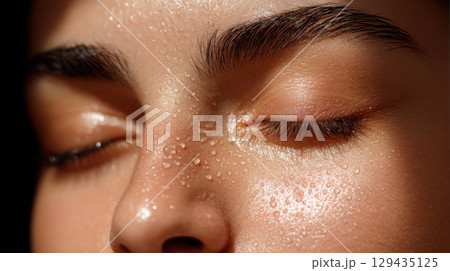 Close up of face with sweat droplets on skin, highlighting texture, pores, and natural glow under harsh sunlight 129435125