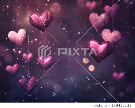 A dynamic close-up shows numerous pink and white hearts, some transparent and glistening with sparkles, floating against a dark, bokeh-filled background. 129435132