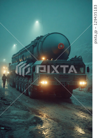 Modern military transport carries continental nuclear missile under cloudy skies 129435183