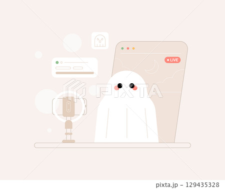 Cartoon ghost live streaming. Halloween festive. Real-time communication, social media interaction, and online engagement. Vector illustration. Cartoon ghost live streaming. Halloween festive. Real-time communication, social media interaction, and online engagement. Vector illustration. 129435328