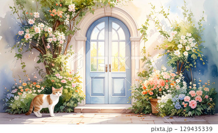 花とおしゃれな扉と猫 花とおしゃれな扉と猫 129435339
