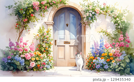 花とおしゃれな扉と猫 129435340