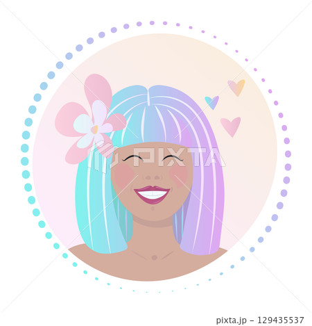 Happy woman face with smile, vector gradient sign, lady with bob haircut and flower in hair, round colorful illustration 129435537