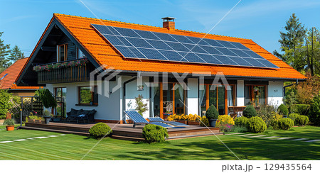 Solar panel on the roof of a private house, renewable alternative technology green energy. 129435564